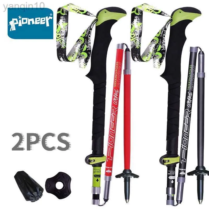 Bastões de caminhada 2 PCS Pioneer 100% fibra de carbono dobrável Bastão de caminhada ultraleve dobrável Trilha Running Bengala para acampamento ao ar livre HKD230804