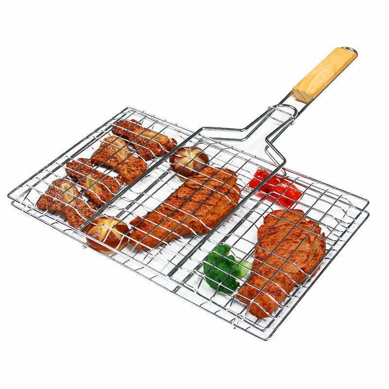 Acessórios de ferramentas para churrasco dobrável cesta de grelha de aço inoxidável antiaderente grelha de malha para bife de peixe suporte de legumes 230804