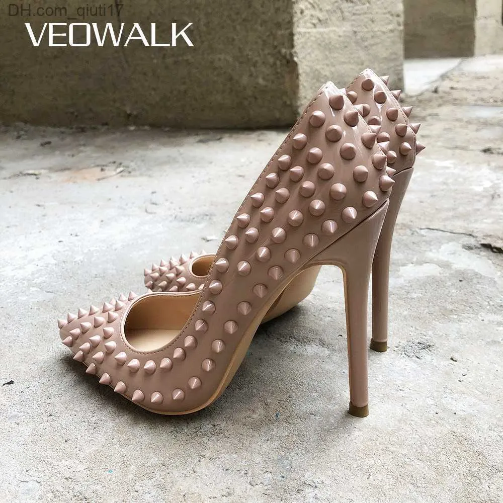 Scarpe eleganti Veowalk Rivetti Sexy tacco alto da donna Borchie in gomma Moda donna Dot Toe Party Pump Slipping on Slim Tacchi alti Nude White Rose Z230804