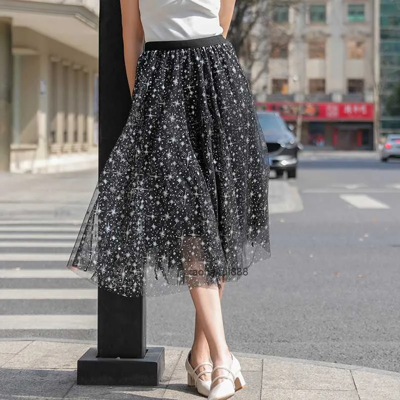 Sweet Star Mid length Pleated Flowing Fluffy Mesh Skirt Yarn A-line Skirt Half length Dress for Women Spring/Summer New Fashion