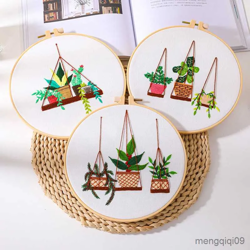 Chinese Style Products Diy Manual Embroidery Material Bag Green Luo Hanging Basket Flowers Embroidery Needlework Set R230804