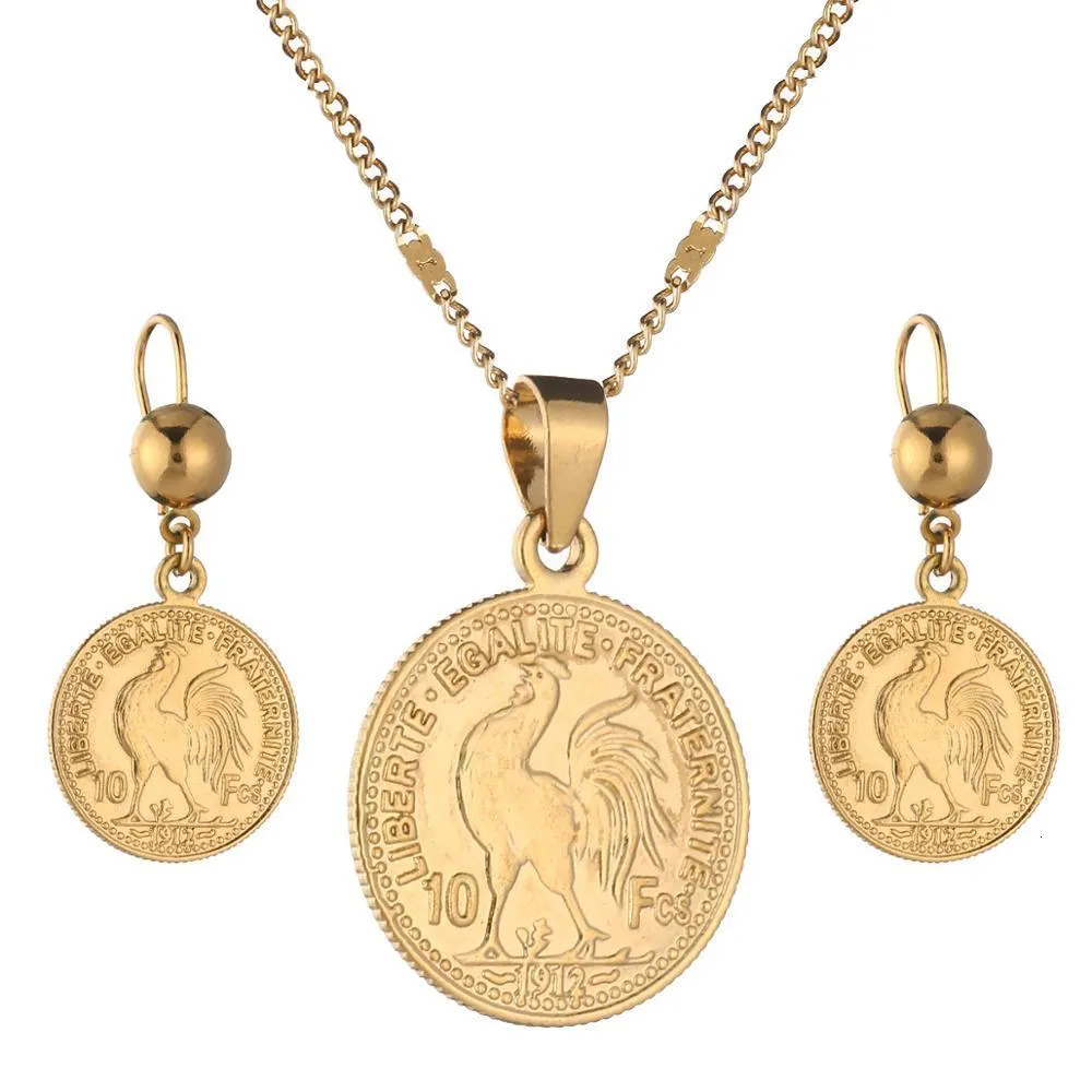 Wedding Jewelry Sets Gold Color Coin Pendant Necklaces Women Men France Lecoqgaulois Old French Trendy 230804