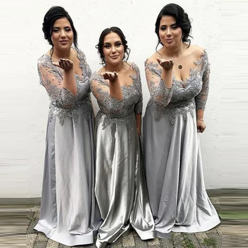 Vestidos de dama de honra plus size prateados 2023 transparente decote manga longa apliques de trem de contas miçangas jardim country casamento convidados vestidos de noite