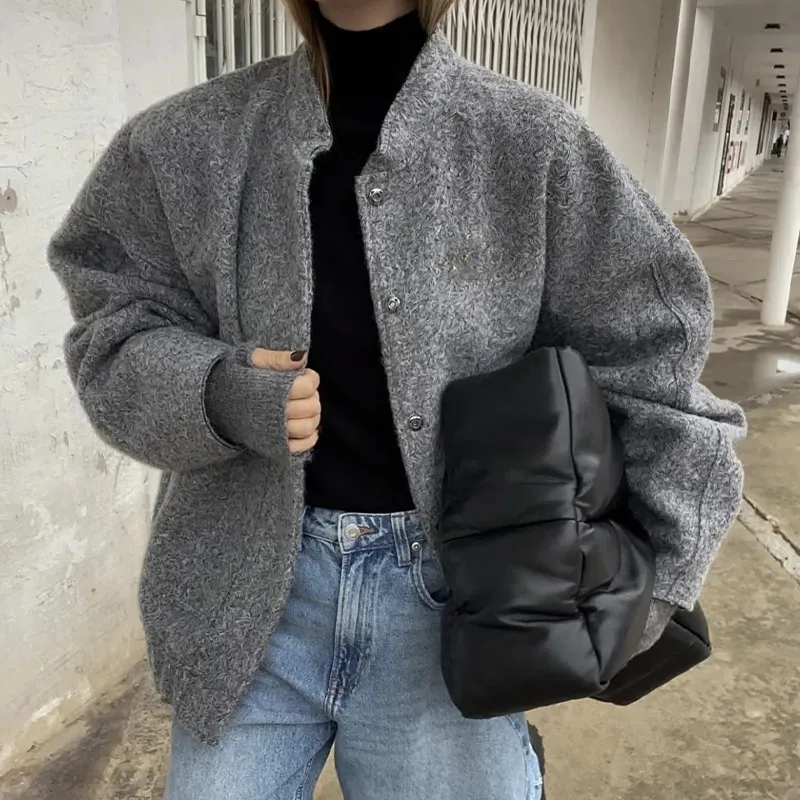 Qnpqyx novos bombardeiros cinza jaquetas casaco feminino casual com botão sólido manga longa casaco feminino solto inverno quente jaquetas outwear