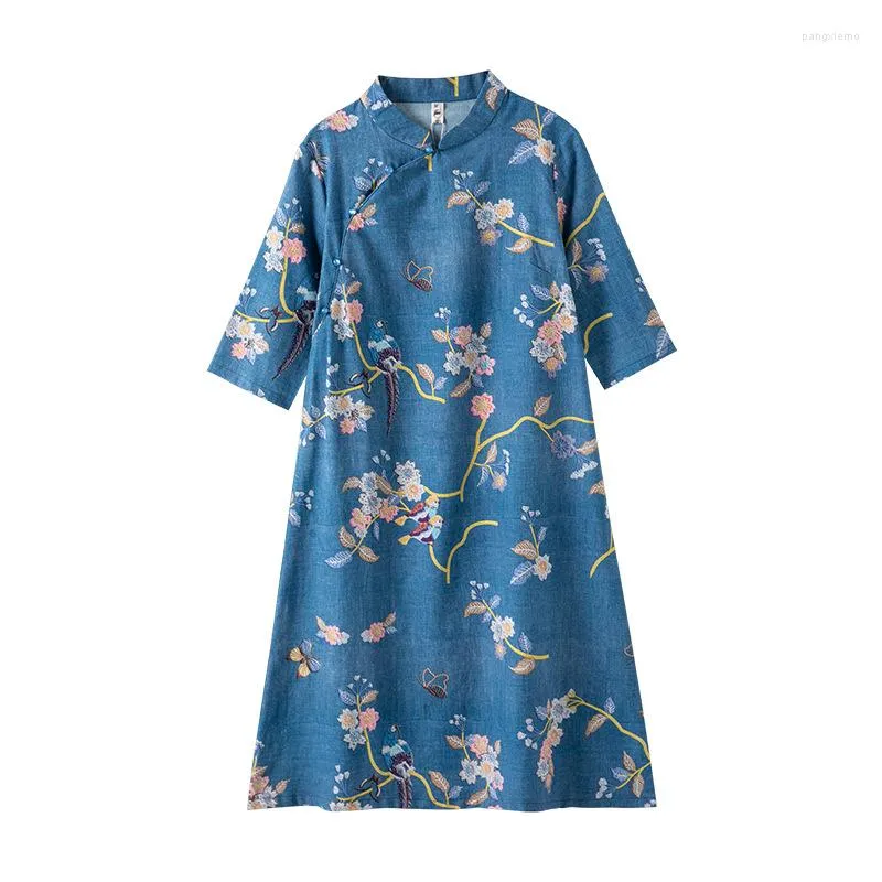 Ethnic Clothing Elegant Women Print Flower Cheongsam Summer Cotton Linen Qipao Vestidos Chinese Girl Party Dress Vinatge Mandarin Collar Qi