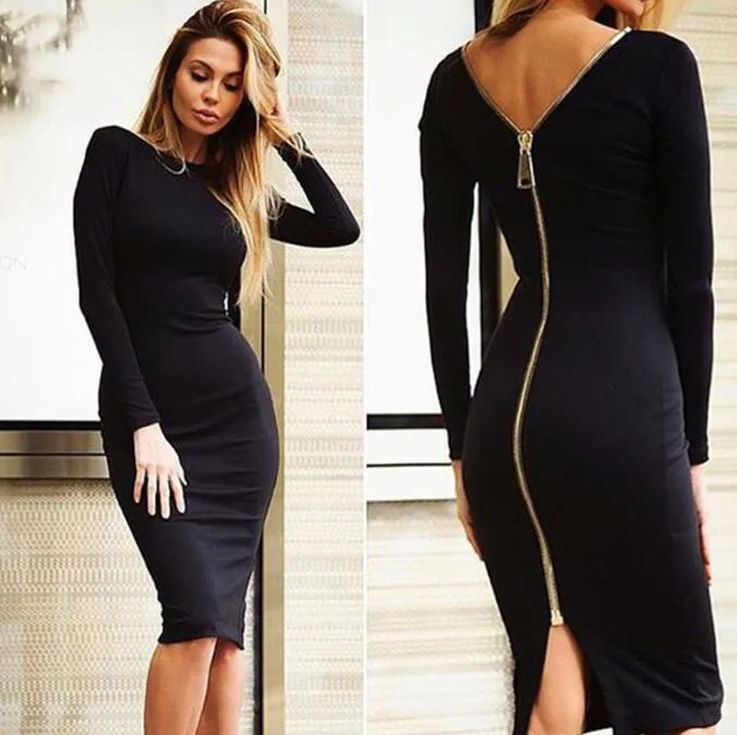 Bodycon оболочка платье с длинными рукавами сексуальные платья женская одежда с полной молнией на молнии сексуальное карандашное платье