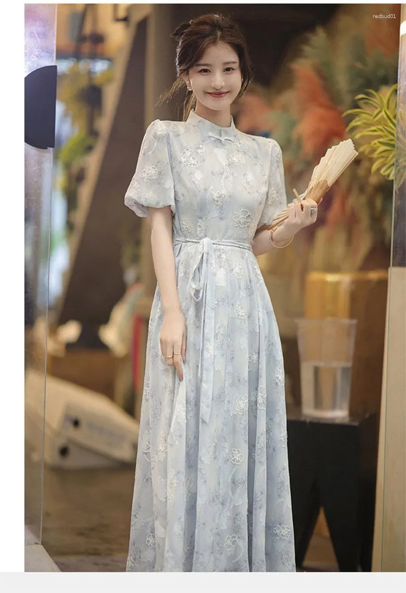 Roupas étnicas 2023 Vestido Feminino Cheongsam Bordado Fino Elegante Longo Qipao Estilo Chinês Casamento Moda Azul Alta Qualidade