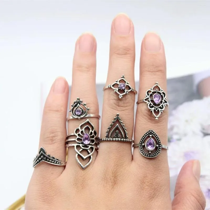 Bröllopsringar Vintage Glamour Purple Cutout för kvinnor Set Boho Jewelry Fashion Party Knuckle Ring Girls Gifts Wholesale Outlet