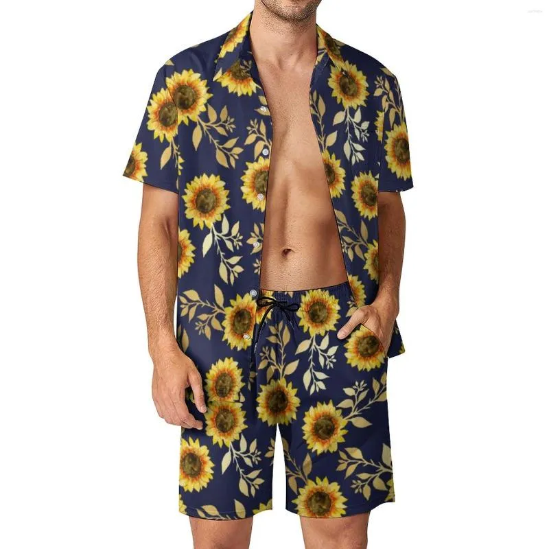 Erkek Trailtsits Gold Donanma Ayçiçeği Erkekler Setler Yapraklar Baskı gündelik şort yaz moda plaj gömlek seti kısa kollu tasarım artı boyutu takım elbise