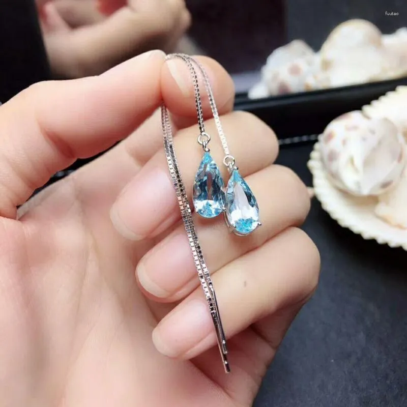 Dingle örhängen meibapj real 925 Sterling Silver Natural Sky Blue Topaz Long Chain Drop Fine Charm Party Jewelry for Women