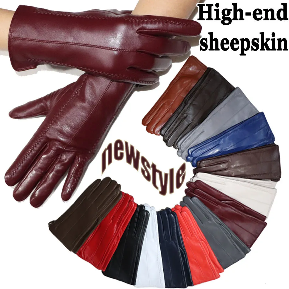 Gants sans doigts en peau de mouton hiver chaleur plus velours court écran tactile mince conduite femme couleur cuir haut de gamme 230804