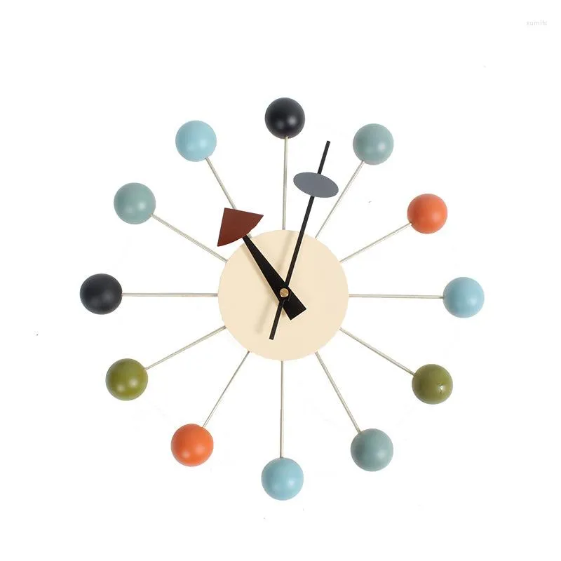 Relógios de parede de madeira e metal movimento analógico 32 cm moderno grande decoração de madeira relógio silencioso tique-taque decorativo bolas coloridas