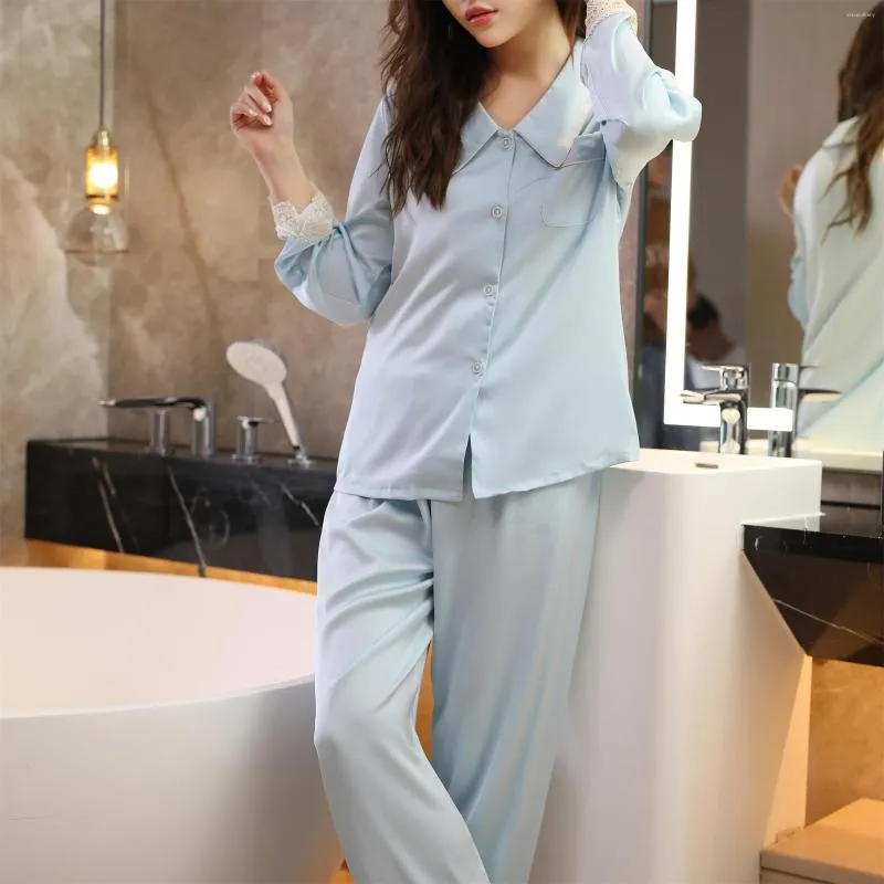 Indumenti da notte da donna FZSLCYIYI Autunno Principessa Colletto Camicia a maniche lunghe in raso di seta Pantaloni Pigiama Set Sposa Damigella d'onore Matrimonio Homewear