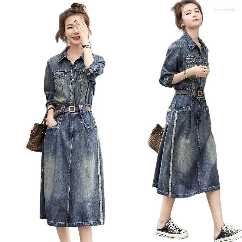 Casual Dresses Fashion Leisure Three-Quarter Sleeves Women's Denim Dress 2023 Autumn Medium Long Ladies Temperament Cowgirl A-Line Skirt