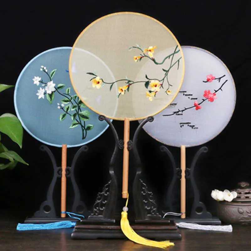 Produtos de estilo chinês bordado circular redondo leque estilo antigo hanfu cheongsam fantasia antiga leque de dança feminina com borla clássica de alça longa