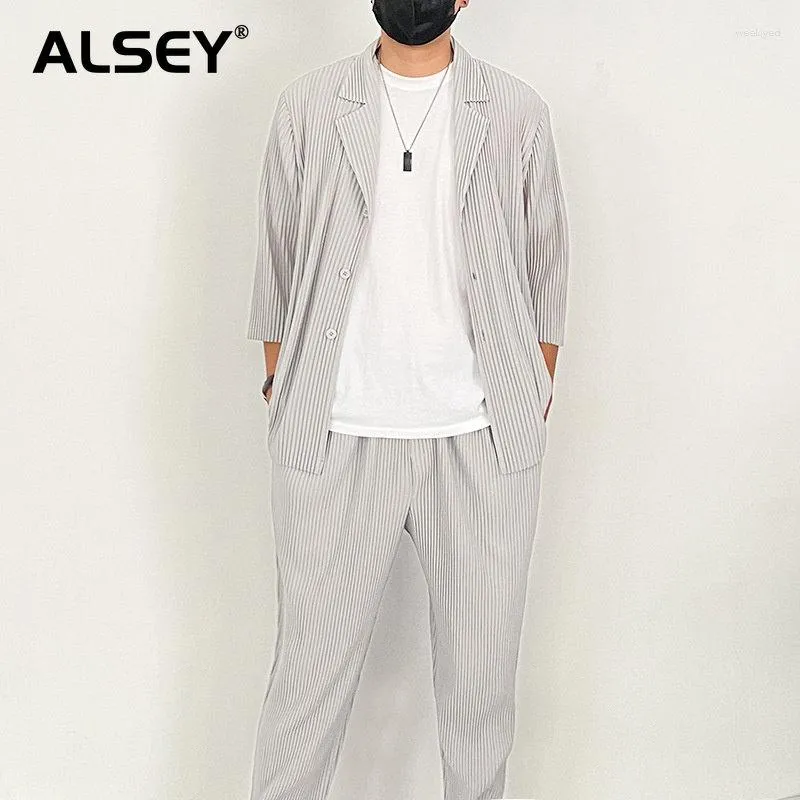 Costumes pour hommes ALSEY Miyake printemps costume plissé veste affaires décontracté couleur unie revers trois-quarts manches Cardigan mode masculine