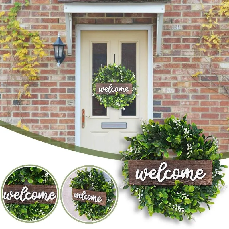 Sinal de flores decorativas porta guirlanda de boas-vindas simulação decoração pingente de madeira verde arranjos de decoração para casa