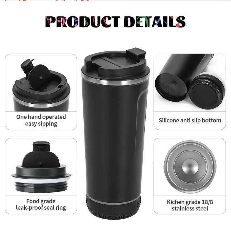 Haut-parleurs portables Tasse de musique en acier inoxydable Gobelets Bluetooth extérieurs Gobelet droit 18 oz Gobelets maigres avec haut-parleur Bluetooth en gros