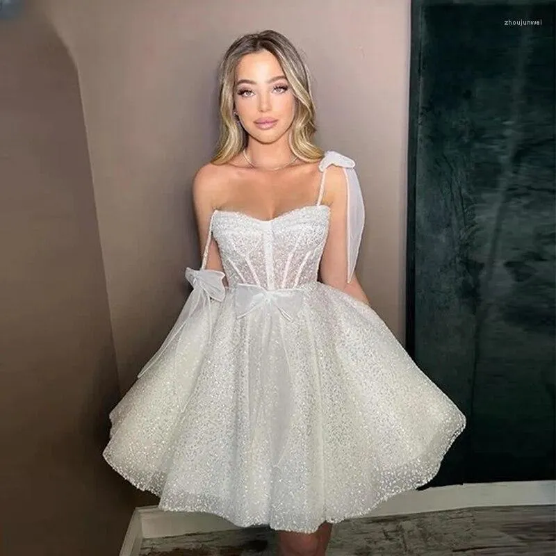 Party Dresses Santorini Sparkling Sequins Short Homecoming Spaghetti Straps Bows Bride Wear A Line Wedding Mini Prom Gowns