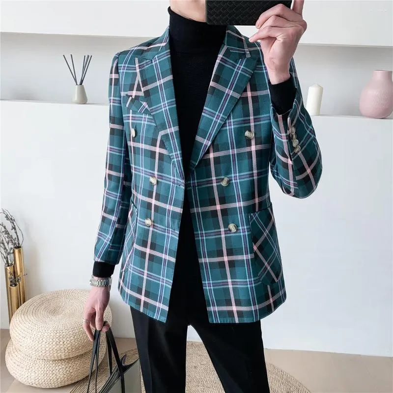 Men's Suits Suit Breasted Pattern Jacket Men Dinner Blazer For Vintage Plaid Double Slim Fit Elegant Masculino Mannen
