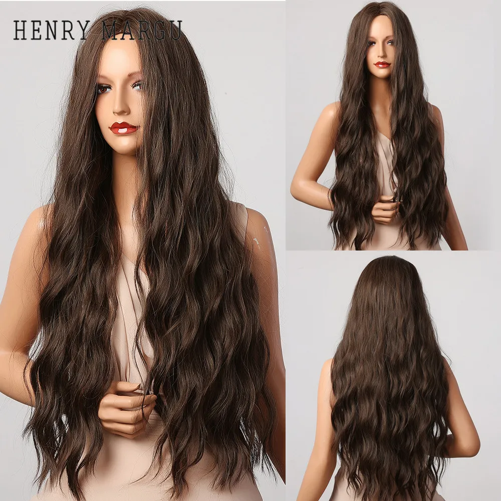 Perruques synthétiques longues ondulées brunes partie centrale perruque bouclée naturelle pour les femmes noires Cosplay quotidien résistant à la chaleur faux cheveux