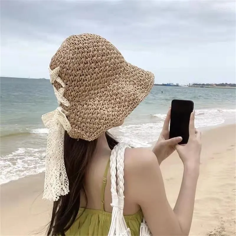 Wide Brim Hats Summer Women Sun Hat Foldable Floppy Girls Straw Beach UV Protect Travel Cap Fashion Lace Bow