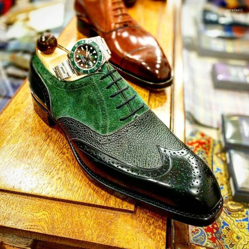 Dress Shoes In Green Brogue For Men Square Toe Lace Up Mens