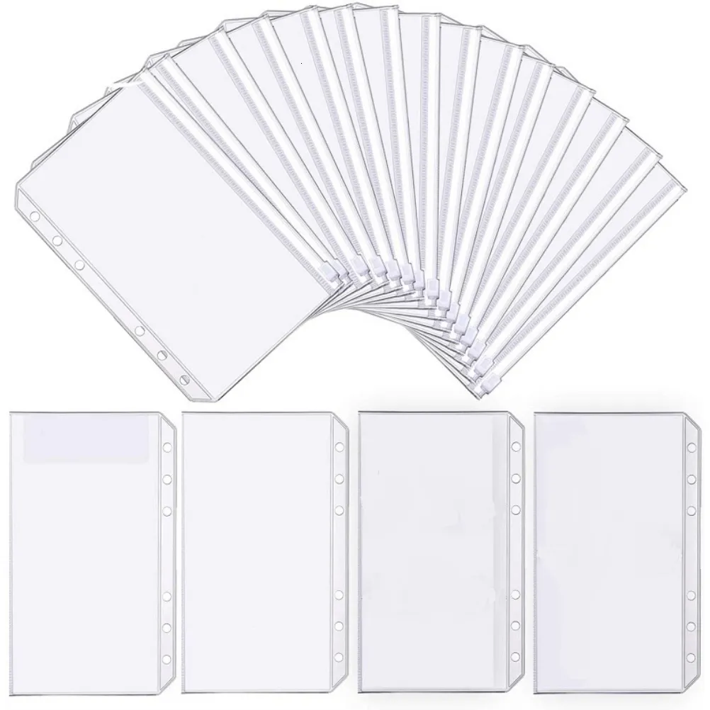 Fournitures de classement 25 pièces A6 pochettes de reliure PVC Transparent 6 trous dossier zippé en plastique argent enveloppes budgétaires 230804