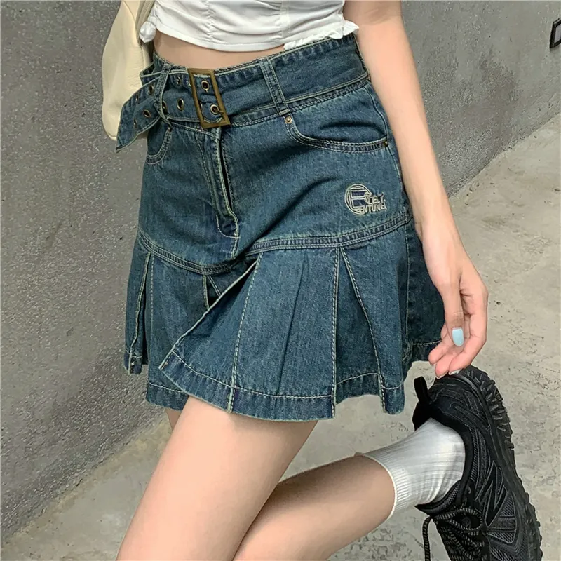 Юбки Kawaii Girl Denim Womens Plearted Y2K Fashion Casual College Style High High Goth Mini Слово короткая юбка 230803