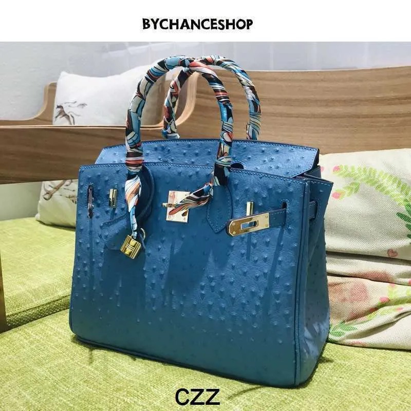 Platinum Tote Ostrich Handbag Early Autumn Linen Blue Pattern Bag Cowhide Handheld Women's One Shoulder Crossbody Large Bag Genuine Leather