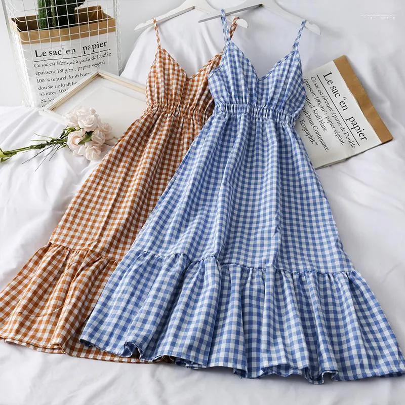 Casual Dresses Women's Plaid Elastic Waist Mid-length Dress Female 2023 Autumn For Girls Patchwork Slip Birthday Women