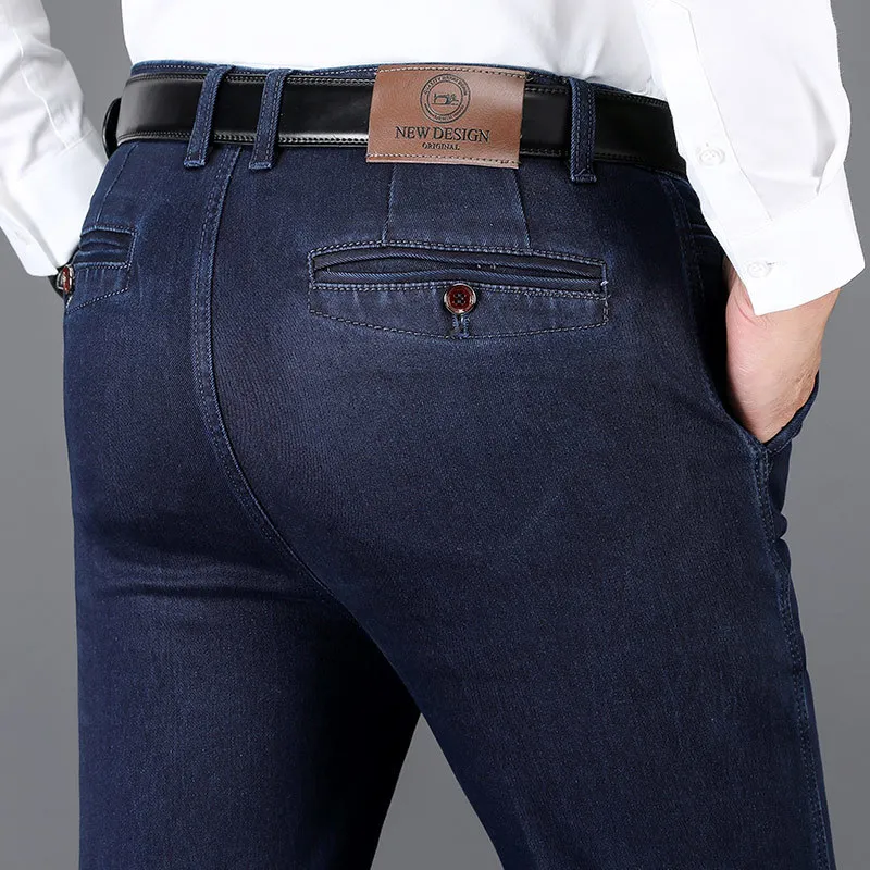 Men s jeans Autumn and Winter Classic High midjeverksamhet Dark Blue Straight Elasticity Denim Trousers Man Brand Thick Pants 230804