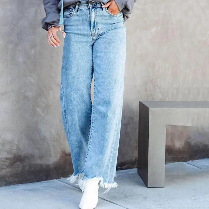 Calça Jeans Feminina Verão Cargo Cintura Alta Casual Borda Reta Modificada Tipo de Perna Larga Streetwear coreano