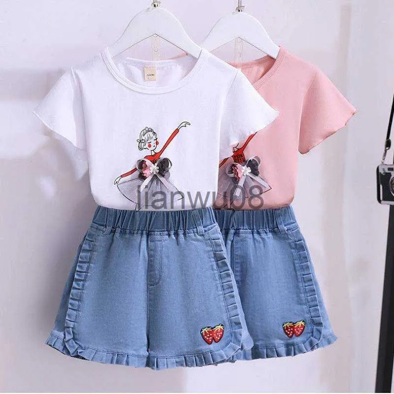 Ensembles de vêtements enfants filles vêtements mignons costume été vêtements pour enfants coton haut à manches courtes short en jean deux pièces ensemble 4 6 8 10 12 14 ans x0803