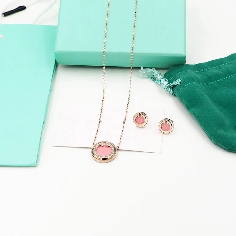 2023 lovely cute long rose gold thin stainless steel chain pink crystal diamonds round plate design Women necklace earrings suit with dust bag and box