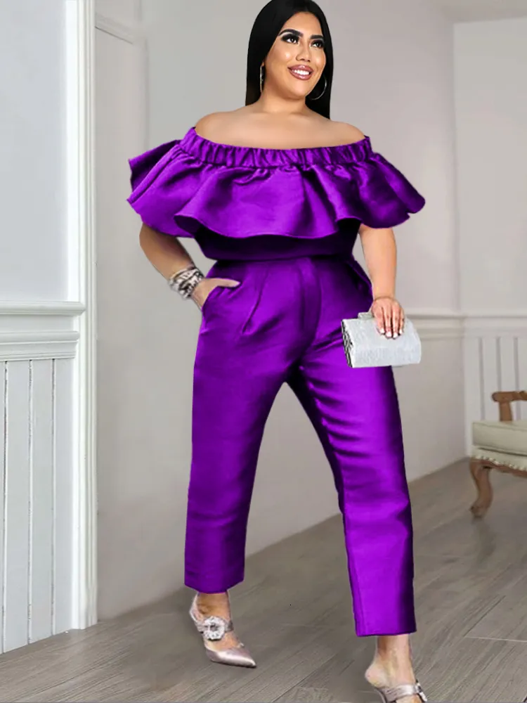 Women's Plus Size Pants 2 Piece Set Women Shiny Crop Tops Y2K Summer Bare Shoulder Ruffles Sweet Blouse Long Pocket Suit for Ladies 2023 230804