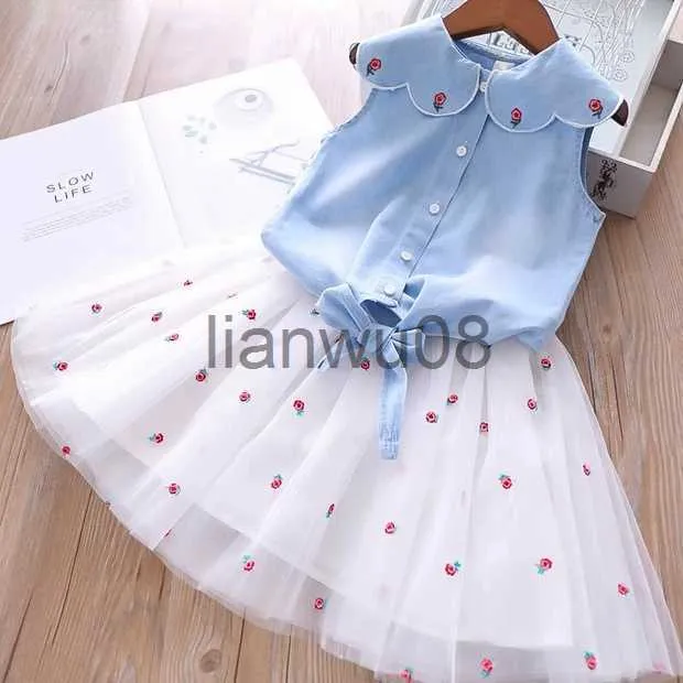 Ensembles de vêtements 2021 été filles ensembles de vêtements Denim fleur brodé revers TopNet fil jupe 2 pièces costume princesse bébé enfants enfants vêtements x0803