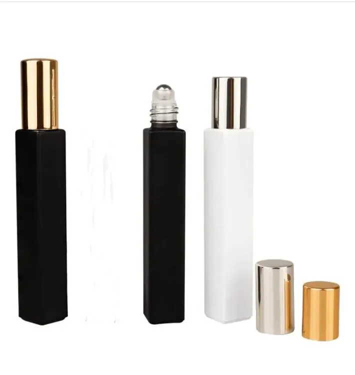 wholesale Empty Square Glass Roll On Bottles 10ml Essential Oil Perfume Bottle with Matte Black/White Color Stainless Steel Roller Ball