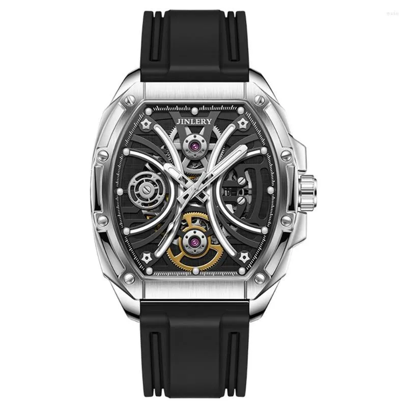 Relojes de pulsera JINLERY Automático Hombre Reloj Esqueleto Mecánico Auto Viento Reloj Luminoso Cristal de zafiro Reloj de pulsera impermeable