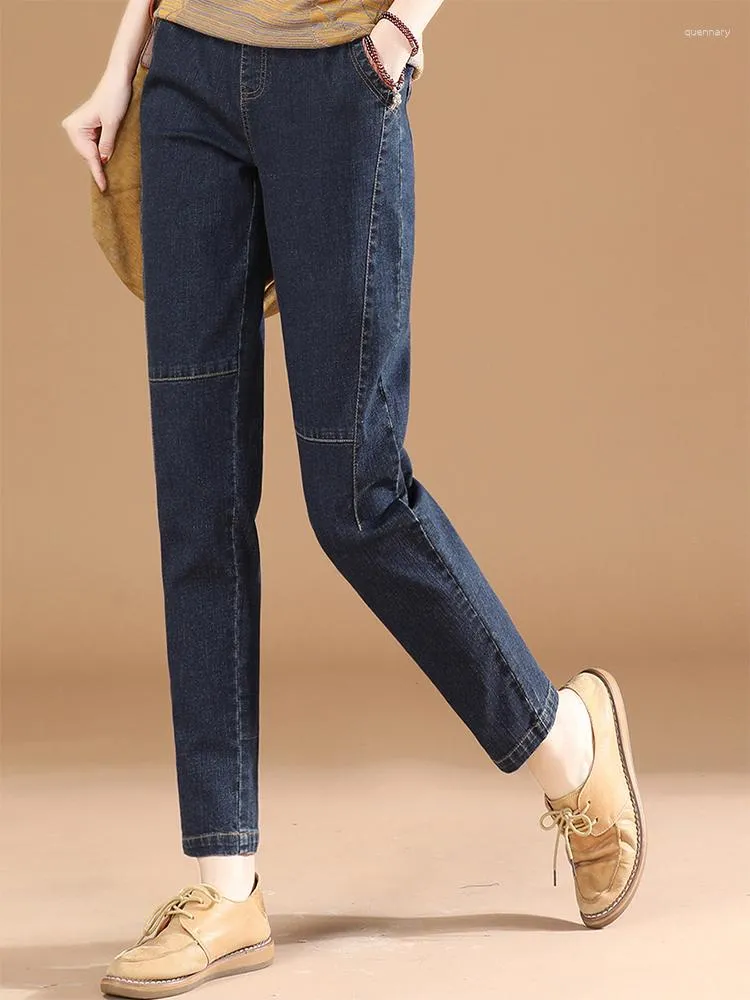 Jeans Feminino HCXR Feminino 2023 Outono Azul Escuro Slim Reto Sólido Cintura Elástica Versátil Todos Combinam Casual Calças Denim Femininas
