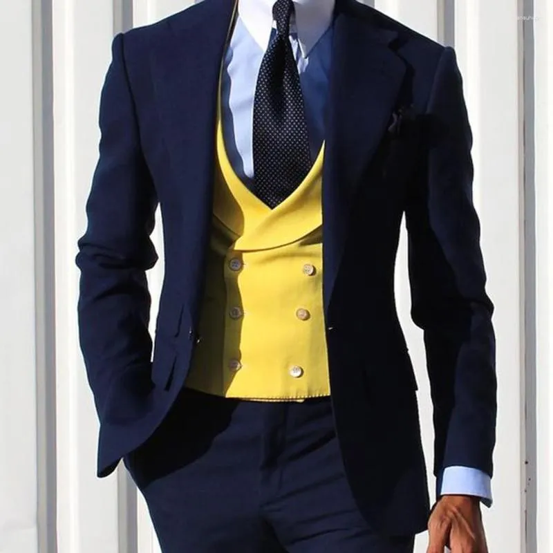 Ternos masculinos slim fit casual masculino com colete amarelo calça azul marinho 3 peças smoking de casamento para padrinhos masculino moda jaqueta