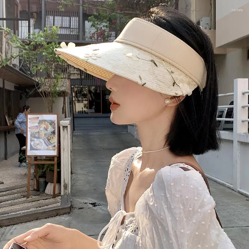 Wide Brim Hats Floral Empty Top Straw Hat For Womens Travel Sun Protection Sunshade Outdoor Beach Cap Lady Summer Visor Gorros