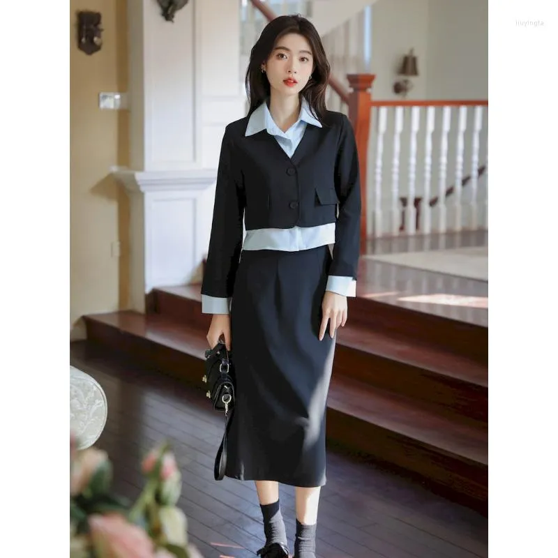 2ピースドレスUNXX 2023春秋のスーツ女性韓国色マッチングシャツカラーブレザースカートオフィスレディセット