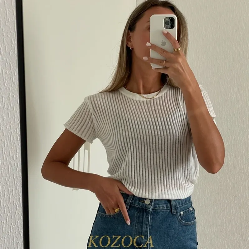 Camiseta Feminina Kozoca 100 Lã Chic Branca Elegante Listrada Transparente Tops Femininos Roupas Manga Curta Camisetas T-shirts Skinny Club Roupas de Festa 230803