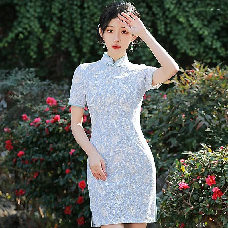 Abbigliamento etnico Blu Migliorato Pizzo Cheongsam Moderno 2023 Estate Bambina Festa Nuziale Cinese Tradizionale Abito Qipao Per Le Donne