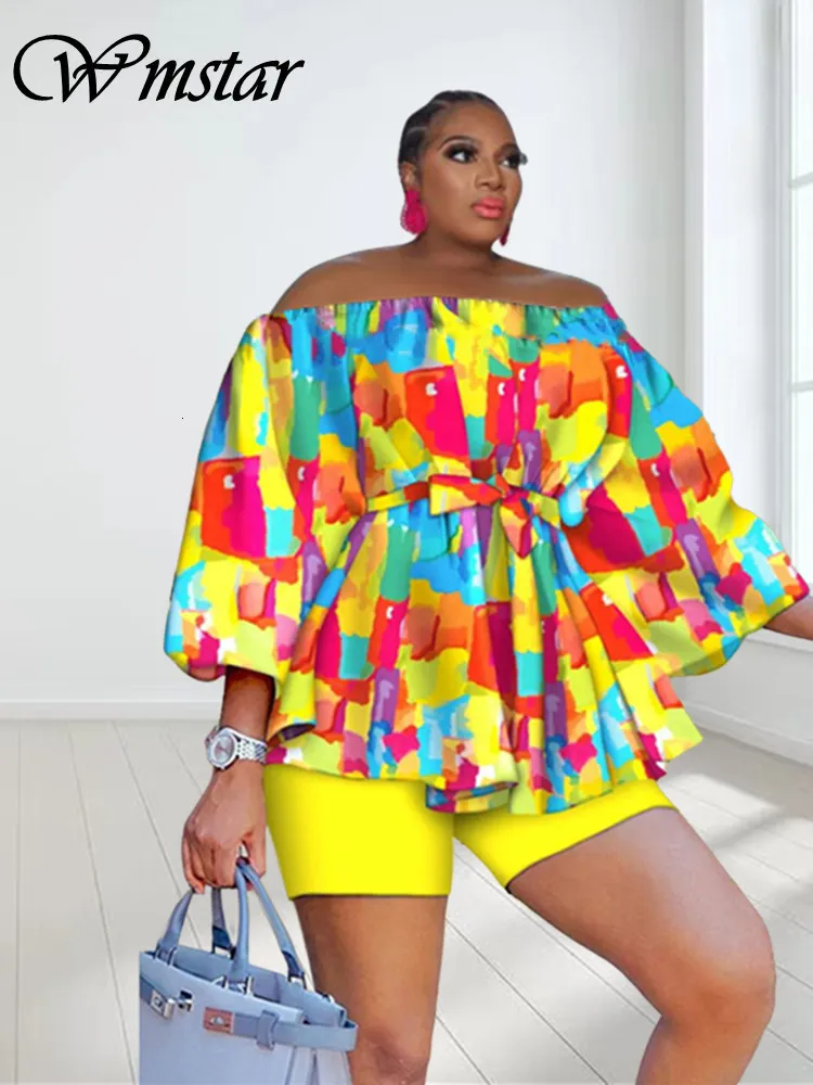 Pantalones De Talla Grande Para Mujer Wmstar Tallas Grandes Conjunto De Dos Piezas Mujeres Con Hombros Descubiertos Conjuntos Cortos Estampados Top Sweet Suit Summer Wholesale Drop L3XL 230804 De 13 4...