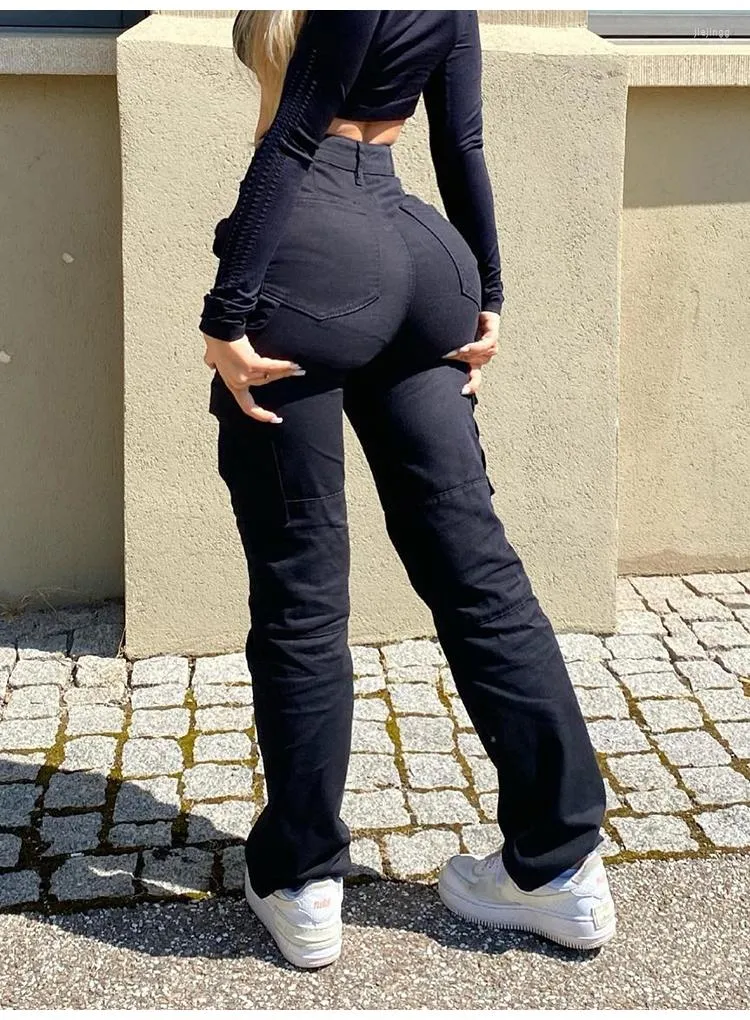Pantalon femme Vintage Cargo femmes taille haute salopette d contract Baggy Y2k Streetwear Stretch jambe large Denim pantalon mode jean