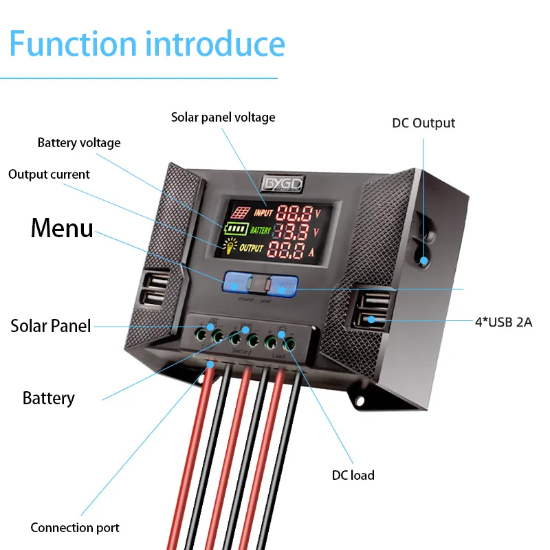 20A 30A 40A 12V 24V PWM PV Solar Charging Controller 50V DC Solar Panel Controller Regulator Double Dual USB HD Colorful Screen