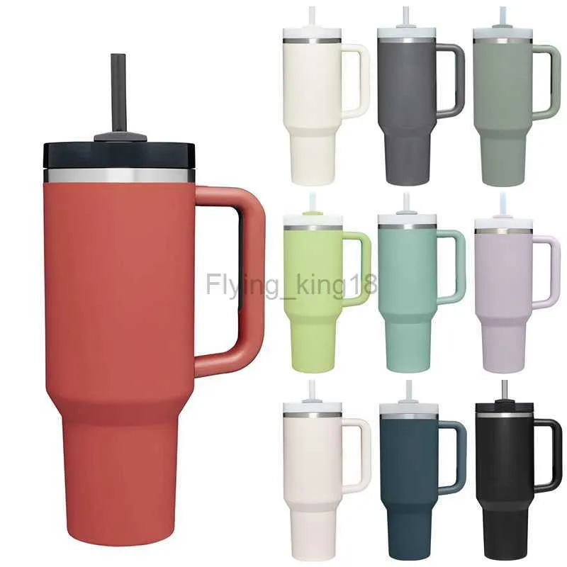 Straw Hot Mug Thermos Insulated 40oz Cold Thermal Vacuum Cup Handle Water Drink Mug Stainless Tumbler Cup Steel Car Opening HKD230803