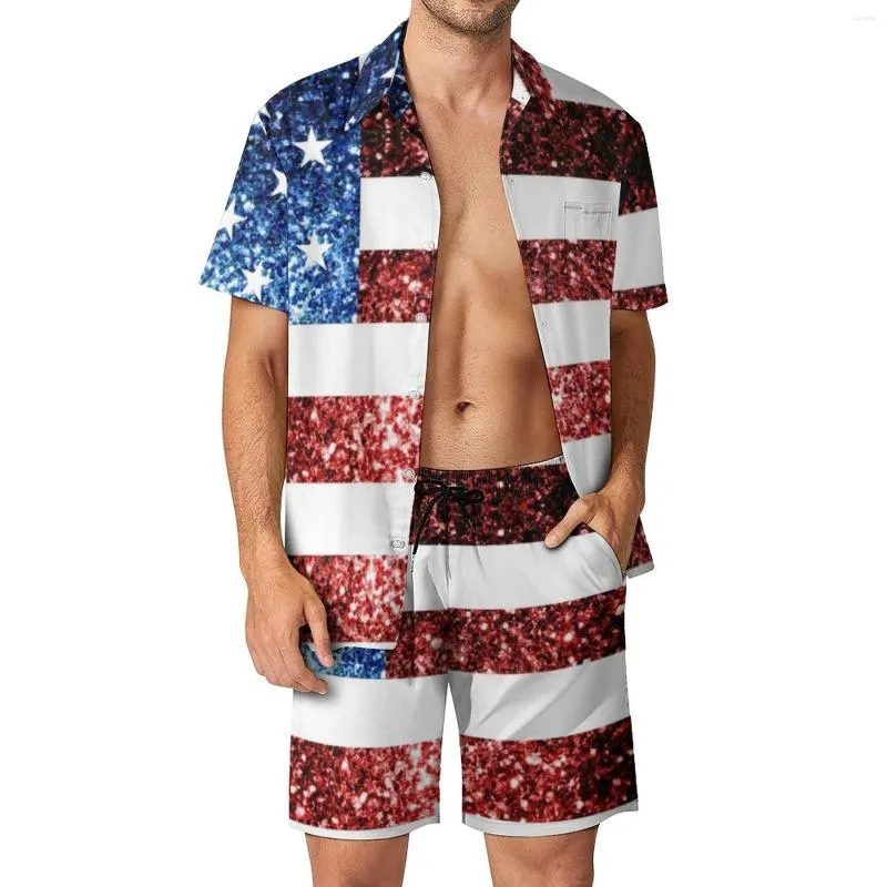 Herrbanor American Flag Red Blue Men Set Faux Sparkles Glitters Trendy Novely Casual Shirt Set Short Sleeve Custom Shorts Beach